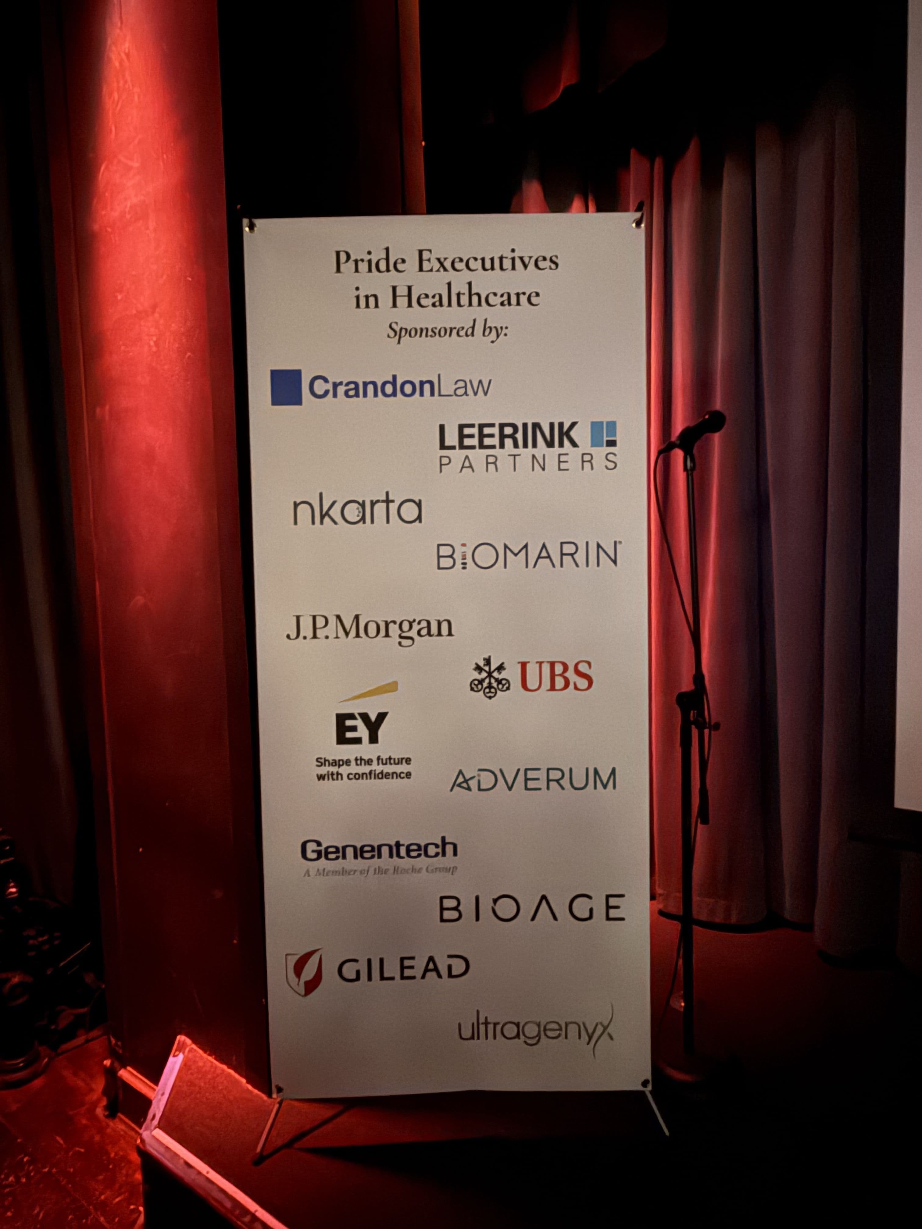 Sponsor board for a healthcare executive event during JPM week, showing the capital, legal, biotech, and professional-services ecosystem around care.