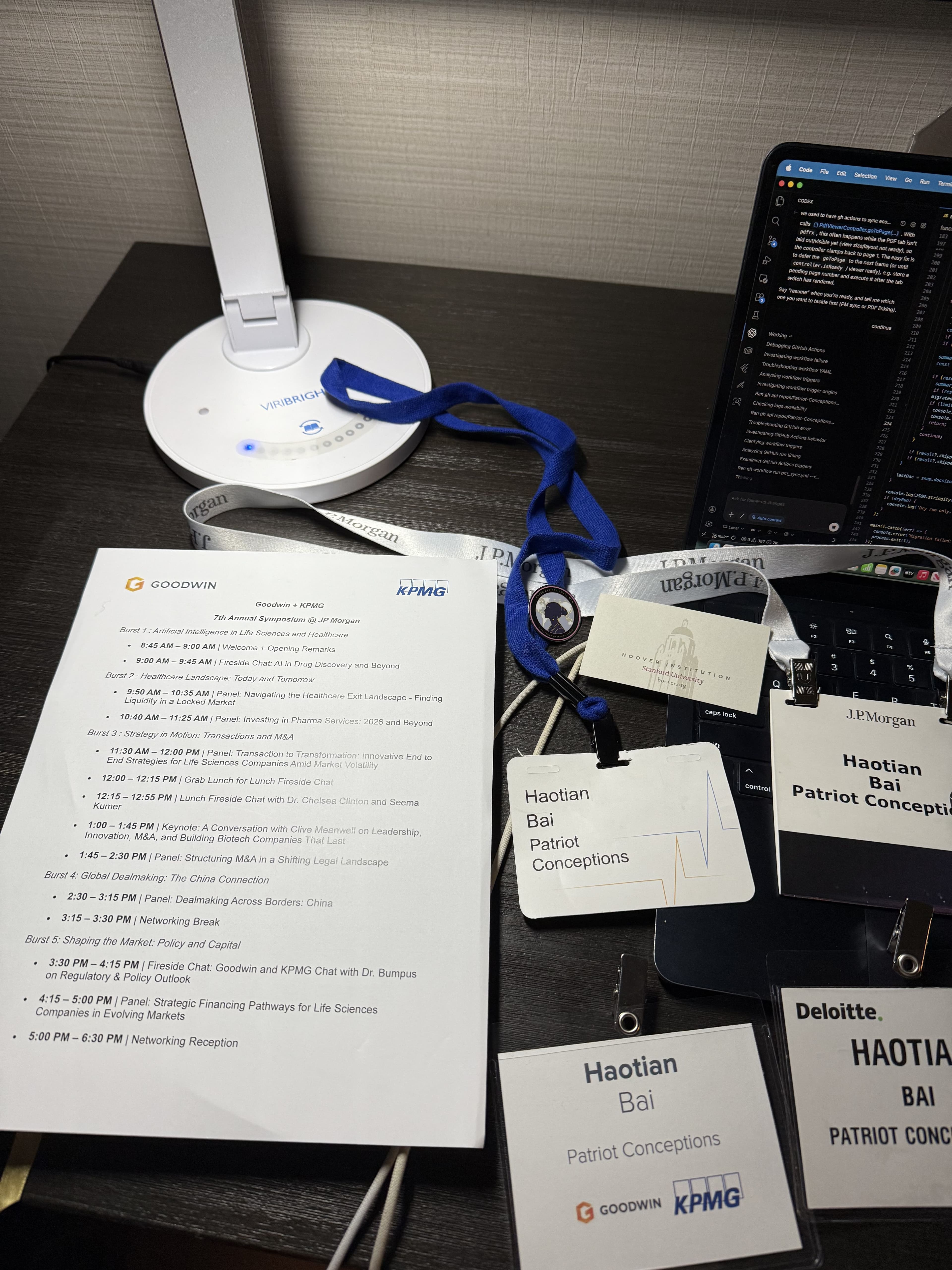 Goodwin + KPMG agenda, badges, and meeting materials from JPM week.